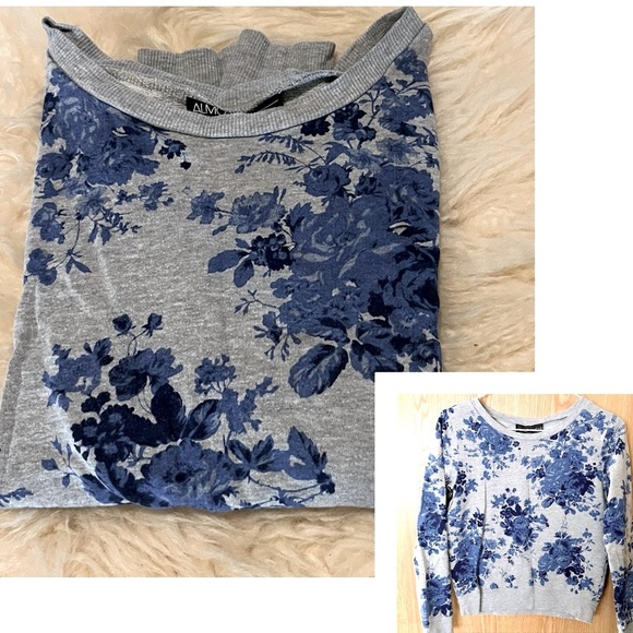 Blue Floral Gray Cropped Pullover Sweatshirt - Picture 1 of 6